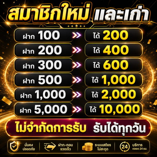 🔥โปร 100% รับได้สูงสุด 5,000บาทต่อครั้ง สมาชิกใหม่ และ สมาชิกเก่า รับได้ทุกการฝากไม่จำกัด เล่นได้ทุกอย่างไม่มีจำกัด